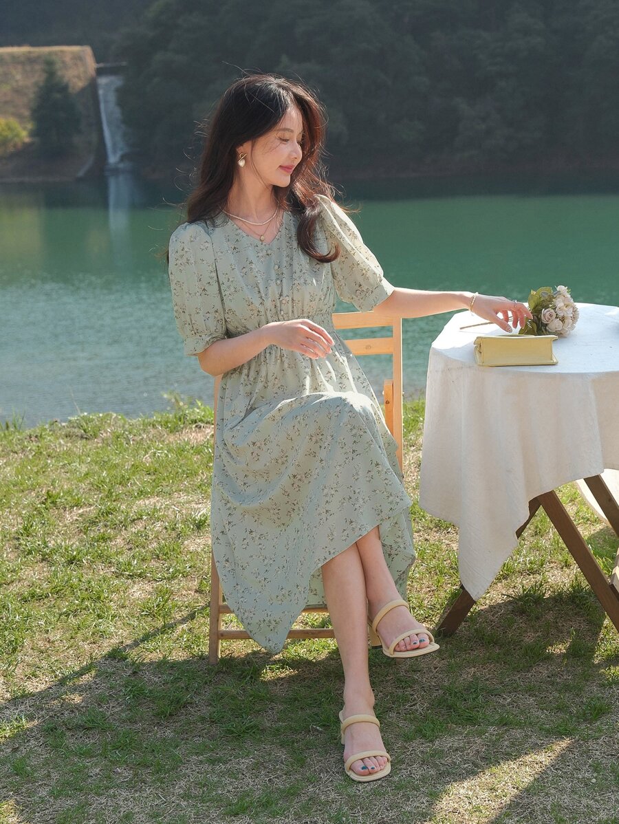 DAZY Đầm Dải chun Họa tiết hoa Boho - Màu xanh Bạc hà - Xem 1