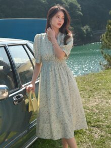 DAZY Đầm Dải chun Họa tiết hoa Boho - Màu xanh Bạc hà - Xem 3