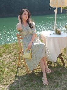 DAZY Đầm Dải chun Họa tiết hoa Boho - Màu xanh Bạc hà - Xem 4