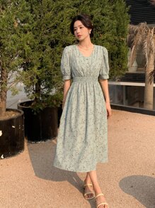 DAZY Đầm Dải chun Họa tiết hoa Boho - Màu xanh Bạc hà - Xem 6