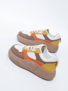 女式字母貼片裝飾繫帶拼色運動鞋運動型戶外滑板鞋