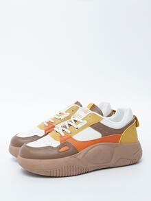 女式字母貼片裝飾繫帶拼色運動鞋運動型戶外滑板鞋