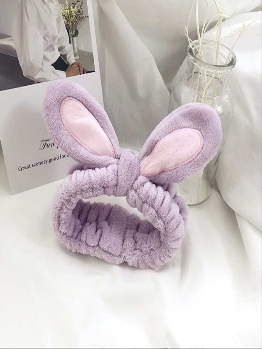 1pc Cute Rabbit Ears Design Face Washing Headband For Women, Hairband For Masking, Makeup, Showering - Mauve Purple - View 1