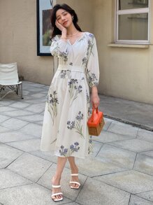 DAZY 印花缺口領燈籠袖連衣裙 - 白色 - 查看 1