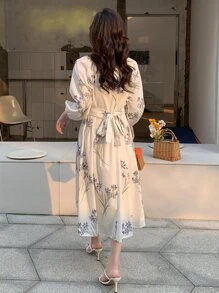 DAZY 印花缺口領燈籠袖連衣裙 - 白色 - 查看 2