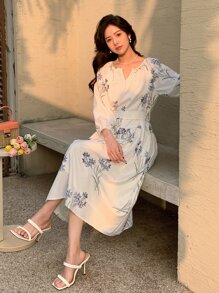 DAZY 印花缺口領燈籠袖連衣裙 - 白色 - 查看 4