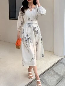 DAZY 印花缺口領燈籠袖連衣裙 - 白色 - 查看 5