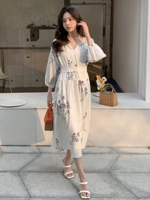 DAZY 印花缺口領燈籠袖連衣裙 - 白色 - 查看 6