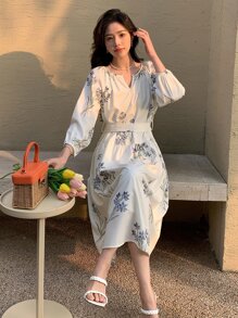 DAZY 印花缺口領燈籠袖連衣裙 - 白色 - 查看 7