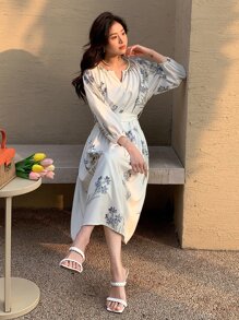 DAZY 印花缺口領燈籠袖連衣裙 - 白色 - 查看 8