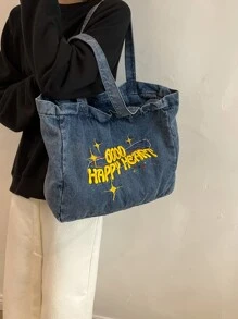 The New Four Seasons Denim Pattern Casual Travel Versatile Tote Bag - Blue - View 4