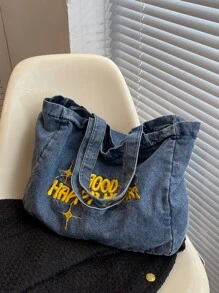 The New Four Seasons Denim Pattern Casual Travel Versatile Tote Bag - Blue - View 7