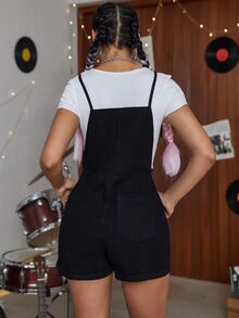 Slant Pocket Denim Dungaree Romper Without Tee - Black - View 2
