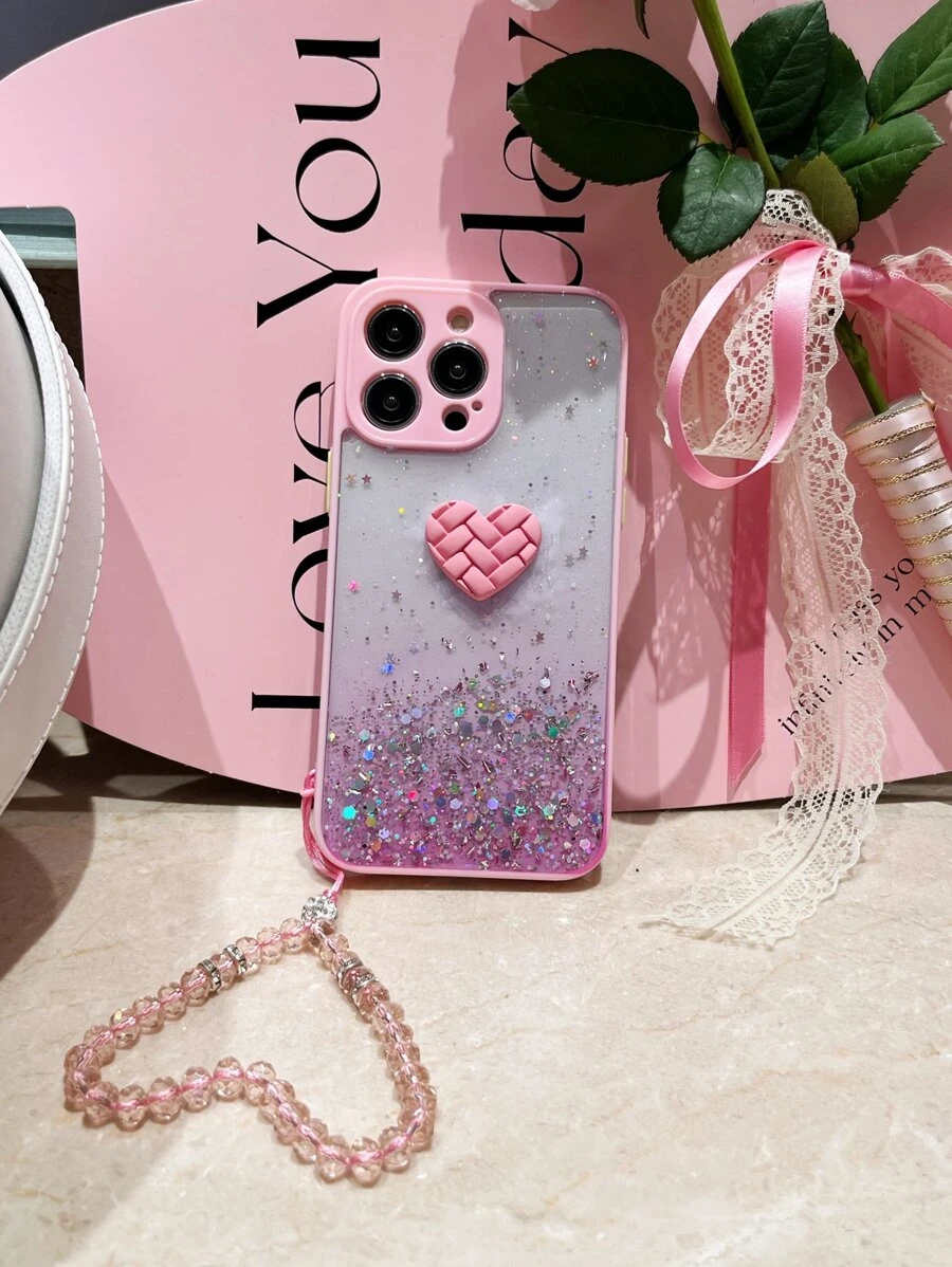 Funda para móvil con adorno de corazón con acollador - Rosa - Ver 1