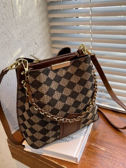 Waterproof,Lightweight,Business Casual Geometric Graphic Chain Bucket Bag For Teen Girls Women College Students,Rookies & White-collar Workers Perfect for Office,College,Work ,Business,Commute