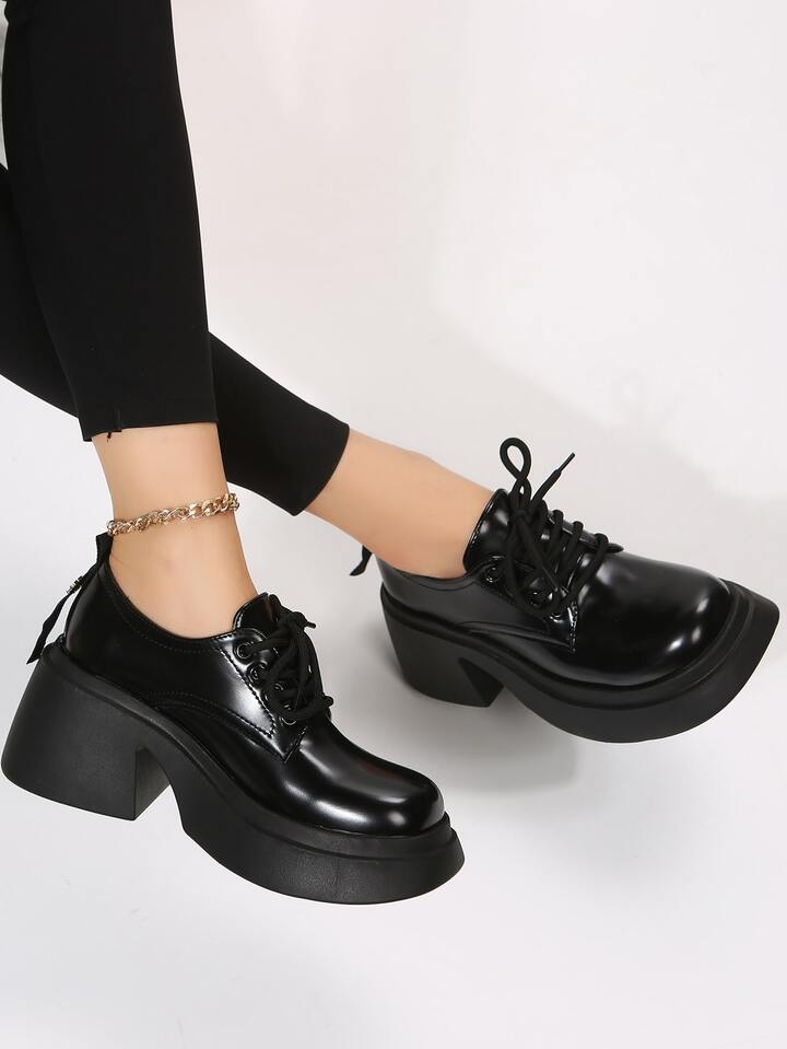 black platform dress shoes Women Lace-up Front Shoes, Preppy Platform Oxford slip sole autotag_not_new_arrival Let's DIY These 90s Size          (True to size ,If between sizes, choose one size up ):9-10yrs