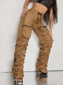 SHEIN Haute Ruched Zip Pocket Parachute Pants - Mocha Brown - View 1