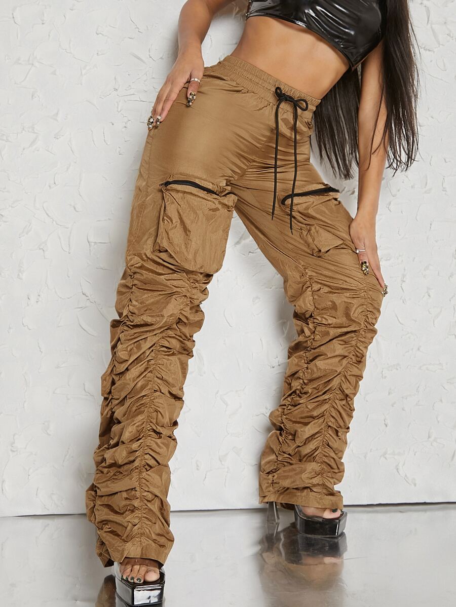 SHEIN Haute Ruched Zip Pocket Parachute Pants - Mocha Brown - View 1