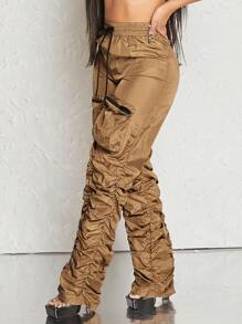 SHEIN Haute Ruched Zip Pocket Parachute Pants - Mocha Brown - View 3