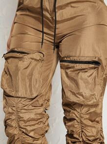 SHEIN Haute Ruched Zip Pocket Parachute Pants - Mocha Brown - View 4