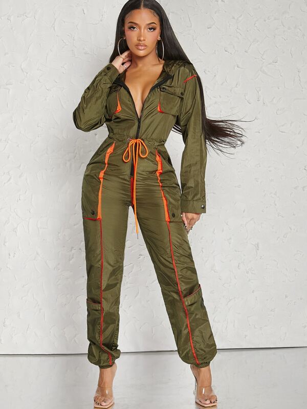 Hauture Contrast Trim Hooded Zip Up Jumpsuit