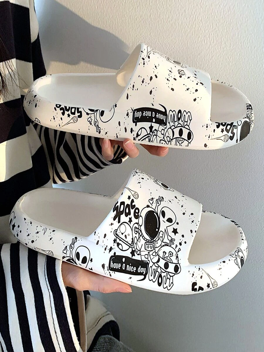 Women Alien & Astronaut Pattern Slides, Cool Outdoor EVA Slippers - White - View 1