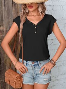 SHEIN LUNE 紐扣細節蝙蝠袖T恤 - 黑色 - 查看 3