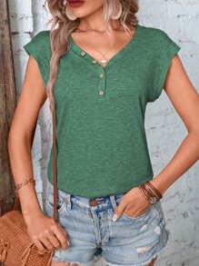 SHEIN LUNE Áo thun nữ Nút phía trước màu trơn Giải trí - màu xanh lá - Xem 6