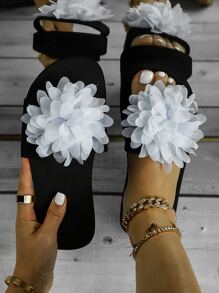 女士花朵裝飾單帶時尚戶外滌綸拖鞋 - 白色 - 查看 1