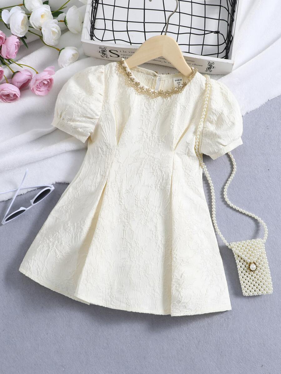 SHEIN 少女優雅米色純色公主袖圓領夏季連衣裙