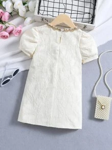 SHEIN 少女優雅米色純色公主袖圓領夏季連衣裙