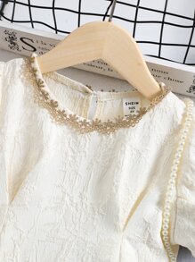 SHEIN 少女優雅米色純色公主袖圓領夏季連衣裙