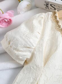 SHEIN 少女優雅米色純色公主袖圓領夏季連衣裙