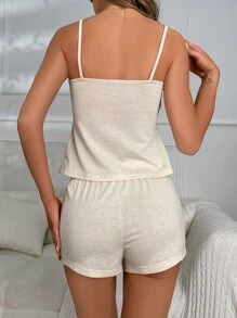 Contrast Lace Cami Top & Shorts PJ Set - Beige - View 2