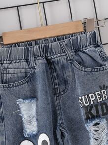 小男童卡通和字母圖案破洞牛仔褲