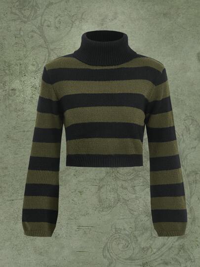 Fairycore كنزة صوف نمط مخطط ياقة دائري