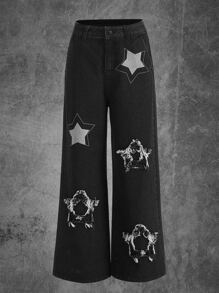 ROMWE Grunge Punk Star Print Wide Leg Jeans - Black - View 1