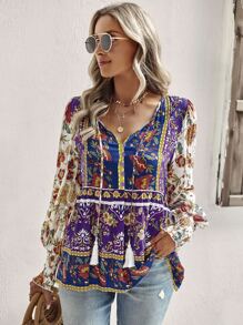 SHEIN LUNE Allover Floral Print Tassel Tie Neck Lantern Sleeve Peplum Blouse - Multicolor - View 3