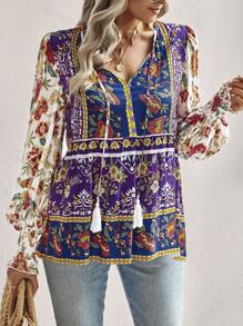 SHEIN LUNE Allover Floral Print Tassel Tie Neck Lantern Sleeve Peplum Blouse - Multicolor - View 5