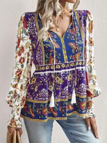 SHEIN LUNE Allover Floral Print Tassel Tie Neck Lantern Sleeve Peplum Blouse - Multicolor - View 6