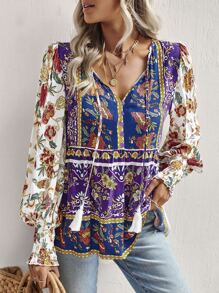 SHEIN LUNE Allover Floral Print Tassel Tie Neck Lantern Sleeve Peplum Blouse - Multicolor - View 4