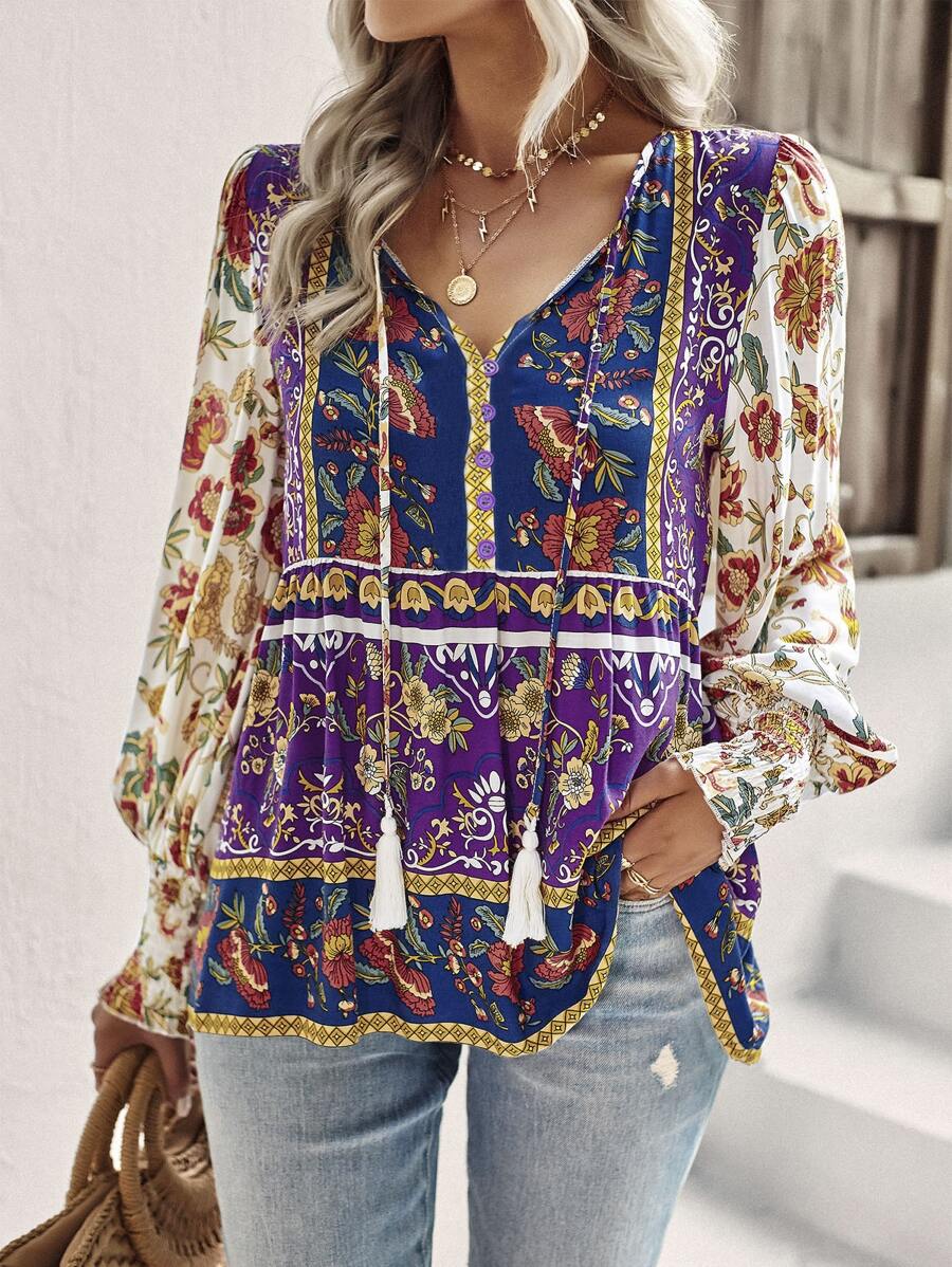 SHEIN LUNE Allover Floral Print Tassel Tie Neck Lantern Sleeve Peplum Blouse - Multicolor - View 1