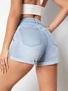 高腰卷邊牛仔短褲 - 淺色水洗藍 - 查看 2