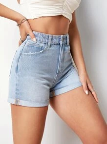 高腰卷邊牛仔短褲 - 淺色水洗藍 - 查看 3