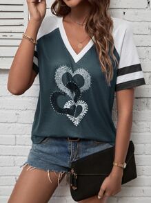 SHEIN LUNE 愛心圖案V領拼接邊T恤 - 藍色 - 查看 1
