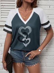SHEIN LUNE 愛心圖案V領拼接邊T恤 - 藍色 - 查看 3