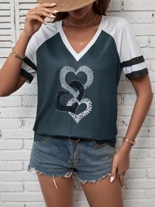 SHEIN LUNE 愛心圖案V領拼接邊T恤 - 藍色 - 查看 4