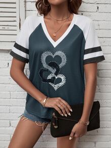 SHEIN LUNE 愛心圖案V領拼接邊T恤 - 藍色 - 查看 5