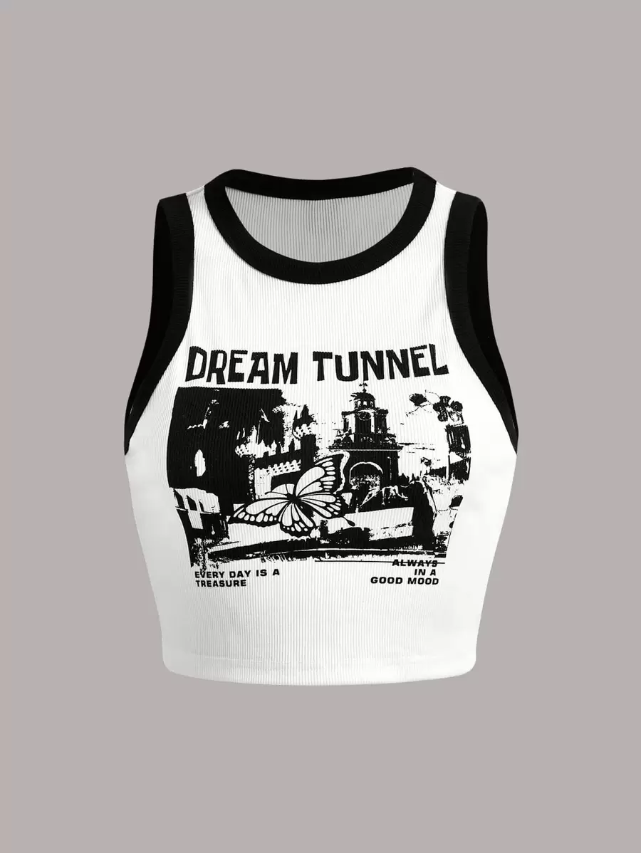 SHEIN EZwear Slogan & Butterfly Print Tương phản Binding Crop Tank Top DREAM TUNNEL MỖI NGÀY LÀ BÀI TẬP LUÔN TRONG TÂM TRẠNG TỐT - trắng - Xem 1