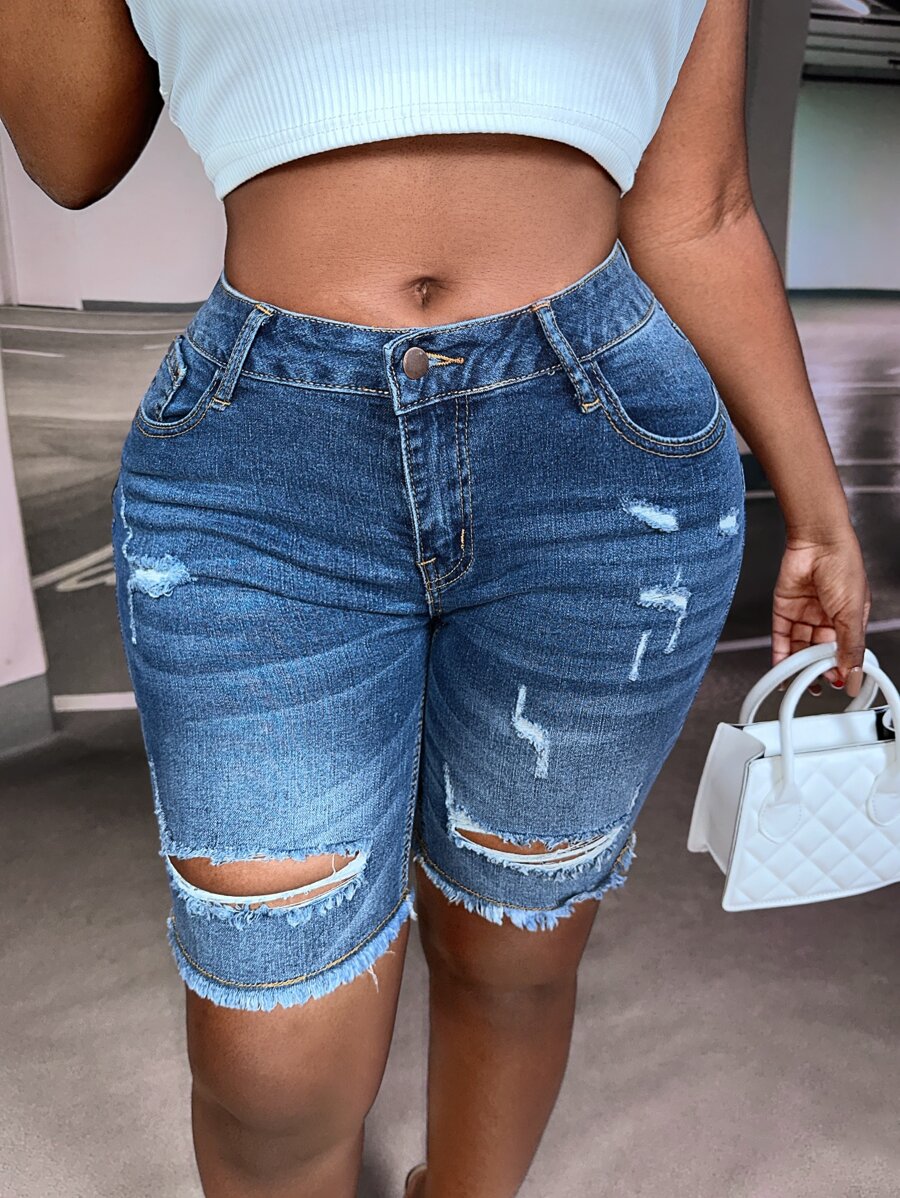 SHEIN SXY Ripped Raw Hem Denim Shorts - Dark Wash - View 1